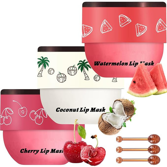 3 PCS Bee Lip Balm Lip Mask Honey Pot, Watermelon & Cherry & Coconut Lip Mask Propolis Moisturizing Lip, Hydrating Prevent...