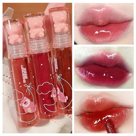 Blopuivo 3 Colors Bear Lip Gloss,Jelly Lip Glaze,Cute Liquid Lipstick Bear Lip Stain Watery Lipgloss Plumping Lip Tint Moi...