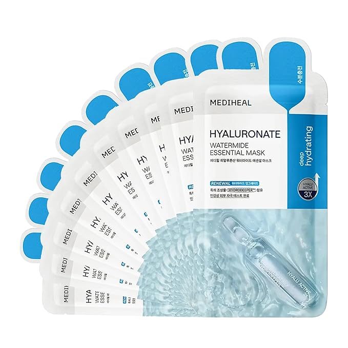 Mediheal Best Korean Hyaluronate Watermide Essential Face Mask - Hydrating and Moisturizing Sheet Masks With Hyalu Active ...