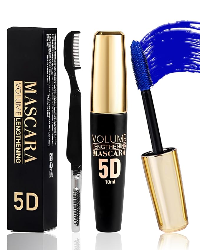 Blue Waterproof Mascara for Eyelash, 5D Silk Fiber Lashes Extension Colored Tube Mascara with Eyelash Brush, Long Lasting ...