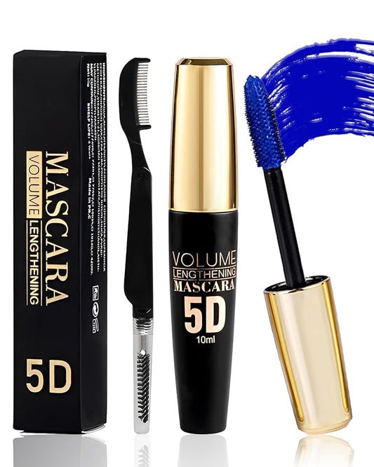 Blue Waterproof Mascara for Eyelash, 5D Silk Fiber Lashes Extension Colored Tube Mascara with Eyelash Brush, Long Lasting ...