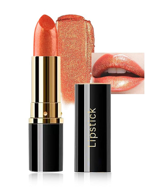 Glitter Coral Orange Metallic Lipstick for Women, Long Lasting Hydrating Moisturizing Sparkly Lip Stick, Lightweight Non-D...