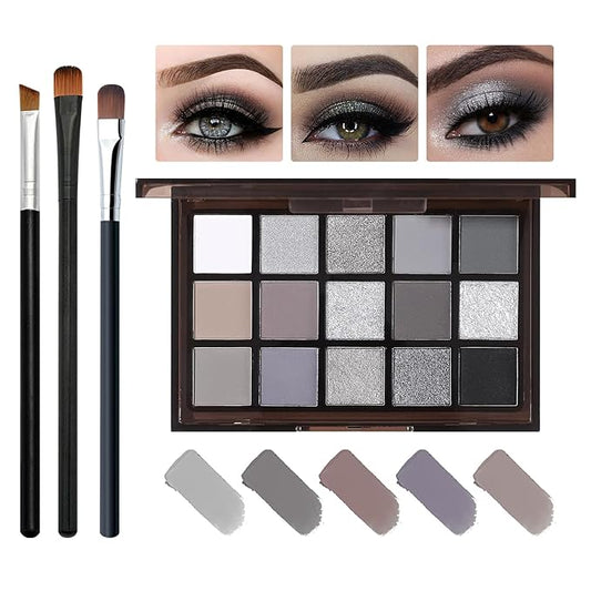 Black Smokey Grey Eyeshadow Palette, 15 Colors Shimmer Matte Eye Shadow Makeup Palette, Colorful Long Lasting High Pigment...