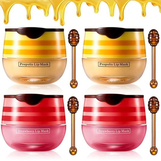 4PCS Strawberry & Honey Lip Balm, Vitamin E Moisturizing Propolis Sleeping Lip Mask, Effective Reduces Lip Lines Preventio...
