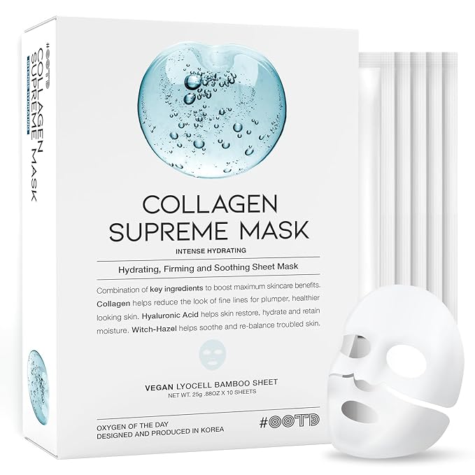 #OOTD Collagen Hydrating Sheet Masks for Face Korean Anti Aging Mask Sheet for Dry Skin & Sensitive Skin, EVE Vegan, Not T...