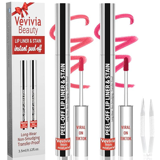 Vevivia 2pcs Lip Stain Peel Off - Lip Liner Stain Long Lasting Waterproof,2-in-1 Lip Liner with Tweezer Nude Matte,Non-Sti...