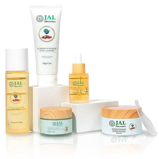 5 in 1 Blueberry & Rhubarb Korean Skin Care Set, Face Moisturizer, Glycolic Clay Face Mask, Serum, Cleanser & Toner for Al...