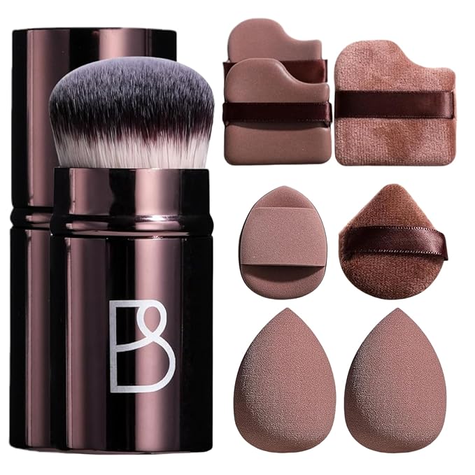 BS-MALL Kabuki Brush Makeup Sponge Set 8 Pcs with Foundation Powder Brush Powder Puff Essential Tools for Flawless Makeup ...