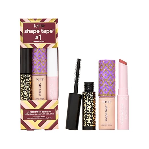 tarte shape tape best-sellers set – Shape Tape Concealer, Hydrating Lip Gloss Balm & Mascara for Curl, Volume & Length, Lo...