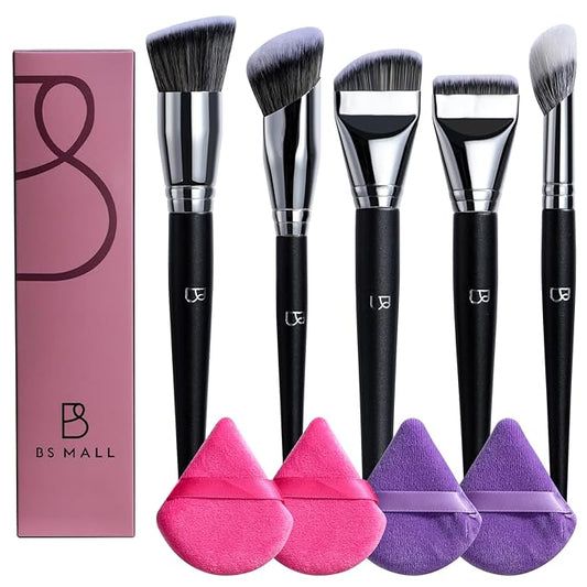BS-MALL 5 Pcs Professional makeup brush set with Ultra-soft 4 Triangle Puffs - eyeshadow Brush, concealer Brush, blush bru...