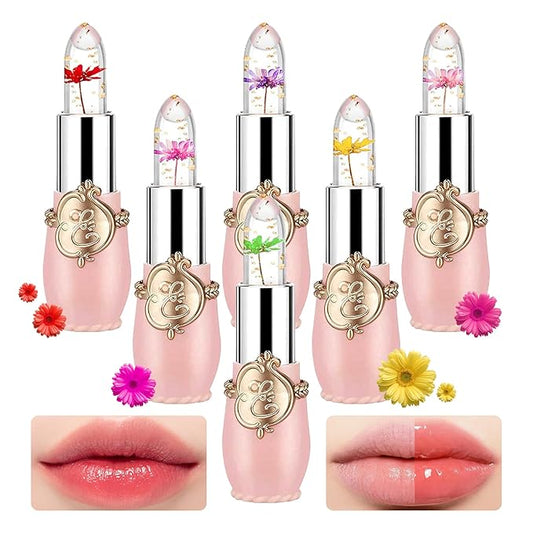 6PCS Crystal Flower Jelly Lipstick Set,Moisturizing Color Changing Lip Gloss Set,Clear Tinted Magic Lip Stain Moisturizer ...