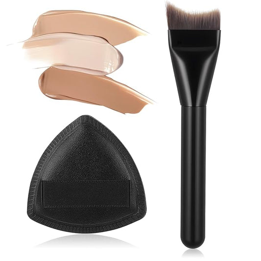 Flat Foundation Brush with Powder Puff, Face Cosmetics Concealer Brushes, Spatula Facial Brush for Liquid Makeup, Premium ...