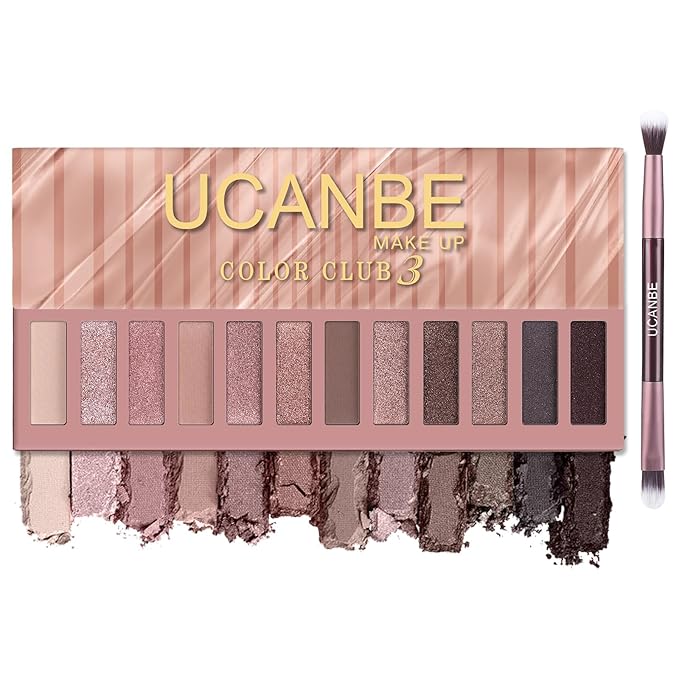 UCANBE 12 Color Eyeshadow Makeup Palette, Neutral Matte Shimmer Nude Eye Shadow Make Up Pallet with Double-ended Brush Set...