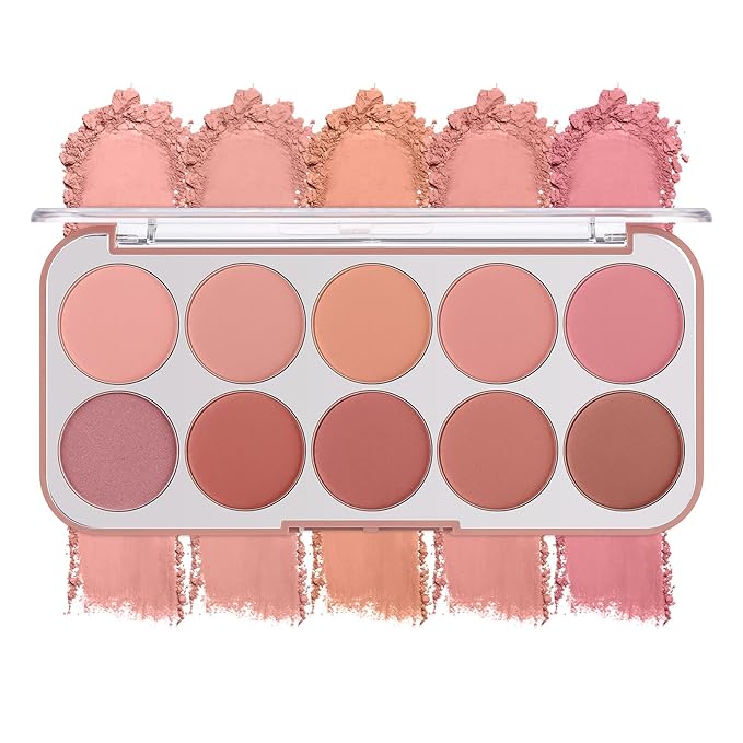 10 Color Blush Palette: Lightweight Face Powder Blush - Smooth Long-lasting Makeup Powder For Cheeks - Buildable Color Wom...