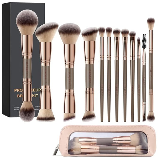 MAGEFY Makeup Brushes 12Pcs with Bag, Double-End Multi-functional for Foundation Powder Blush Eyeliner Eyeshadows brushes ...