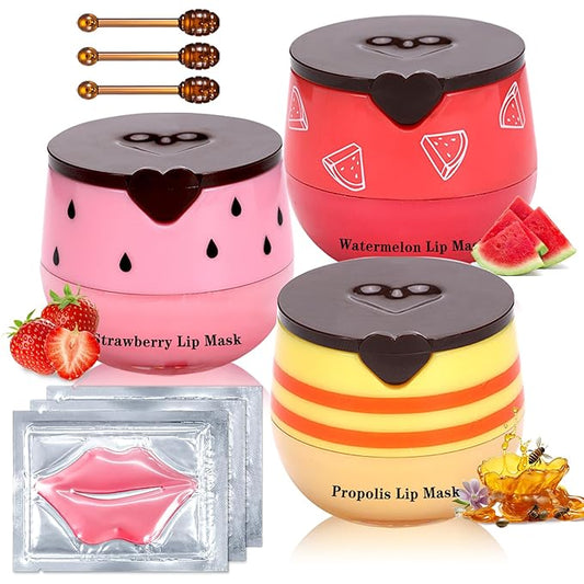 IONSGAKO 3PCS Bee Lip Balm Honey Pot, Honey Strawberry Watermelon Lip Mask Sleeping Honey Lip Mask Overnight Hydrating Pro...