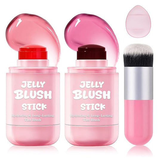 UAOE 2PCS Jelly Blush Stick for Cheeks,Multi-use Cooling Water Jelly Lip and Cheek Tint Stain,Moisturizing,Cruelty-Free,Li...