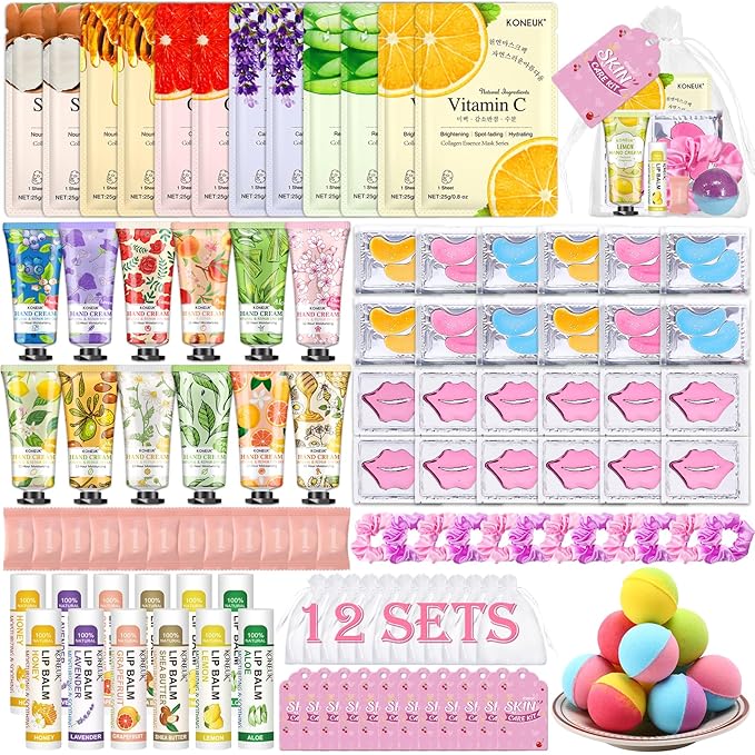 KONEUK 120 PCS Spa Party Supplies for Women, Spa Party Favors Include Face Masks Skincare, Hand Cream, Lip Balm, Under Eye...