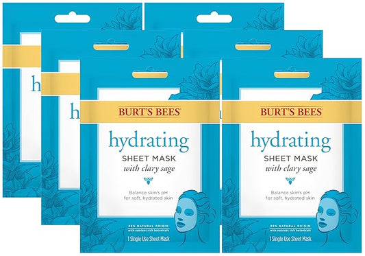 Burt's Bees Hydrating Face Mask with Clary Sage, Single Use Sheet Mask, 6 Count (Package May Vary)