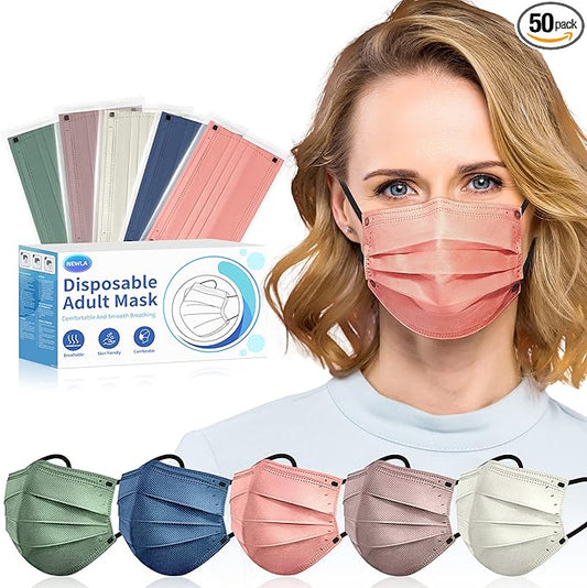 NEWLA Face Mask Disposable Adult - 4 Ply Protection Masks 50 Pack Individually Wrapped Mask Multicolored Breathable Safety...