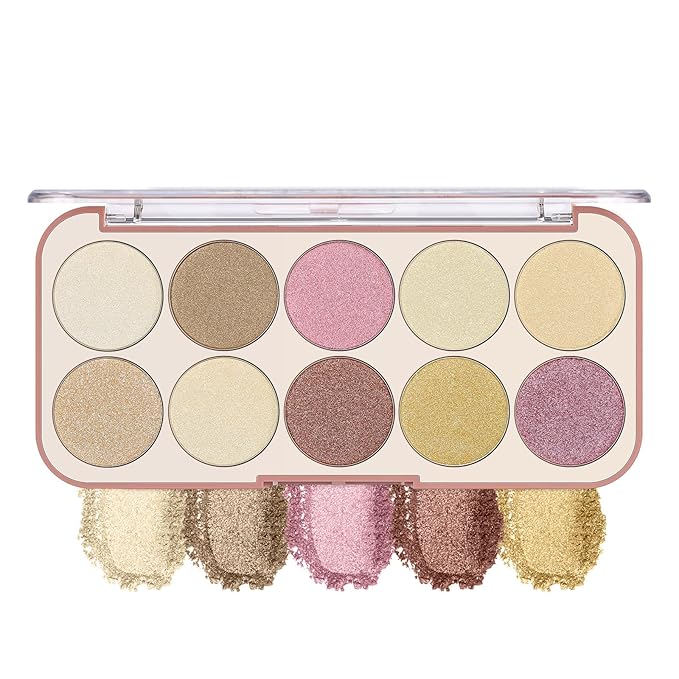 10-Colors Highlighter Makeup Palette: Long-Lasting Shimmer Glow Highlighter Makeup Powder - Waterproof Smooth Face Highlig...
