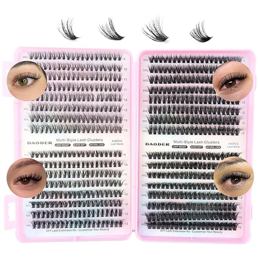 DAODER Cluster Lashes Natural Look 640pcs Wispy Lash Clusters 9-13mm Short Eyelash Extension With 30D+40D+50D+60D Mixed La...