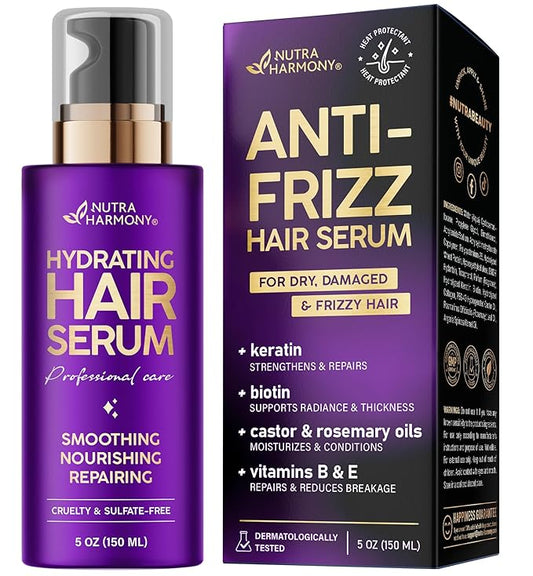 Hydrating Hair Serum for Dry & Frizzy Hair – Anti-Frizz Keratin Hair Treatment with Biotin, Castor & Rosemary Oils for Smo...