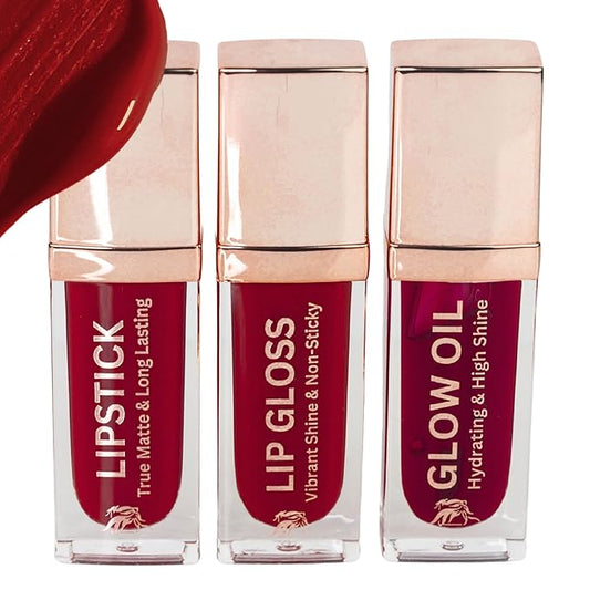 Phoenix Beauty Lip Trio – Deep Red Matte Lipstick + Gloss & Lip Oil | Smudge-Proof Lipstick + Moisturizing Gloss with Jojo...