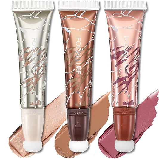 FOCALLURE 3 PCS Liquid Contour Stick,Moisturizing Highlighter,Blush and Bronzer,Silky Cream Contouring Pen with Soft Cushi...