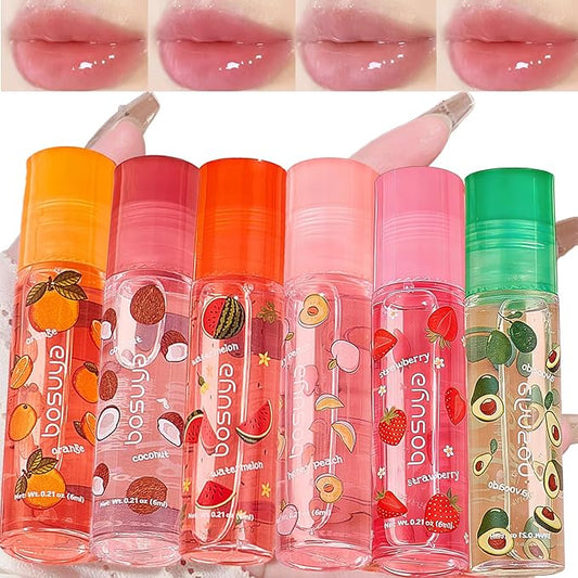 Baorder 6 Pcs Roll On Lip Gloss Set,Fruity Flavors Moisturizing Lip Stain,Transparent Plumping Lip Oil,Hydrating Shine,Lip...