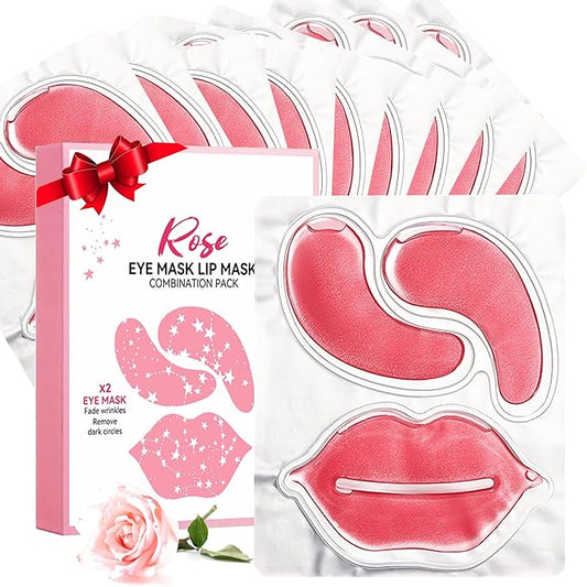 10 Pair Under Eye Mask & 10 Pair Lip Mask Skincare Set, Rose Pink Lip Patches & Under Eye Patches for Puffy Eyes, Dark Cir...