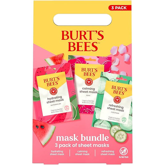 Burt's Bees Face Mask Bundle Set for Valentine's Day, Hydrating Watermelon, Calming Rose, & Refreshing Cucumber, Face Shee...