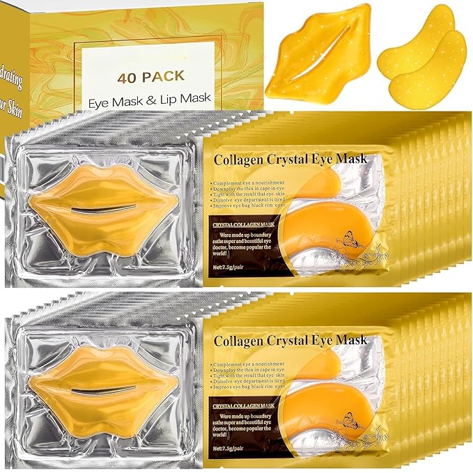 Yihurlm 40 Pcs Lip and Eye Mask Set,Collagen Lip Mask Sheet and Under Eye Patches,Gold Lips Masks Skincare,Gold Gel Crysta...