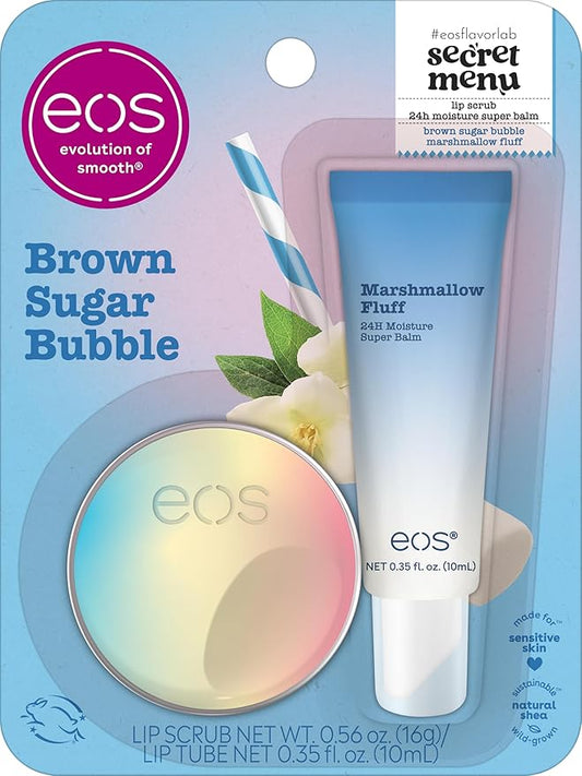 eos Flavor Lab Secret Menu Gift Set - Brown Sugar Boba Lip Scrub Exfoliator & 24H Moisture Super Balm, Limited-Edition Lip...