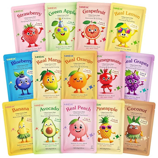 14 Pack Fruit Face Masks Skincare for Kids, Sheet Hydrating Facial Mask for All Skin Types, Bulk Collagen Face Mask for Wo...