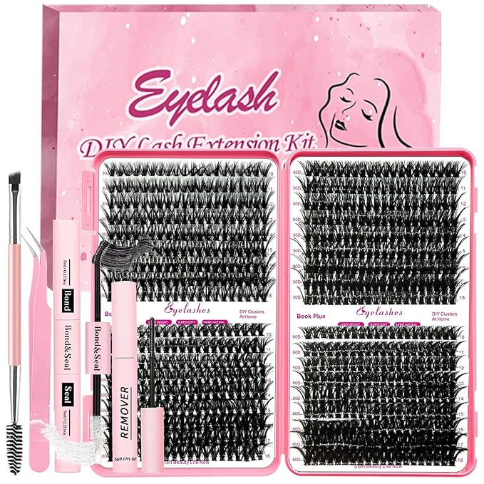 Qiveaory DIY Lash Extension Kit 720pcs Individual Lashes Clusters D Curl Eyelash Extension Kit with Lash Bond and Seal, Ey...