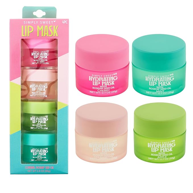 4pc Lip Mask Collection - Hydrating Lip Masks w/Rosehip Seed Oil | Flavored Lip Care Set for Soft, Smooth Lips