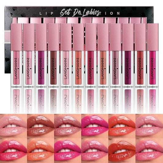 LANGMANNI 12Pcs Lip gloss Collection Makeup Set, Shiny Smooth Soft Liquid Lip Glosses Lip Stain With Rich Varied Colors Fo...