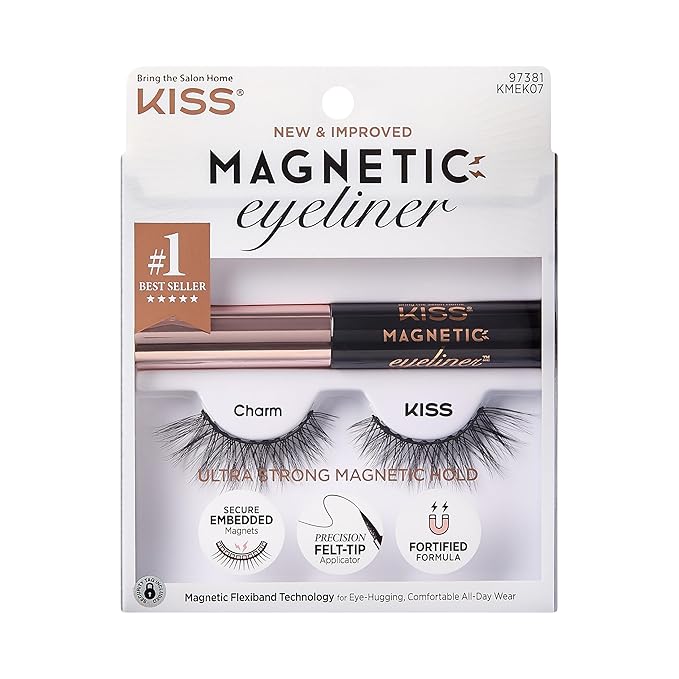 KISS Magnetic False Eyelashes and Eyeliner, ‘Charm’, 12mm, Easy to Apply, Reusable, No Glue, Flexible Band, Precision Felt...