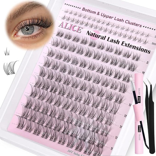 ALICE Lash Clusters Kit Clear Band Natural Lash Extensions Kit 5-16mm Wispy Cluster Eyelash Extension DIY Invisible Band I...