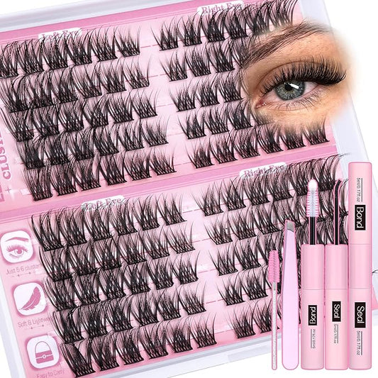 Lash Clusters Kit Wispy Cluster Eyelash Extensions Kit Natural Eyelash Clusters with Lash Bond and Seal Waterproof Tweezer...