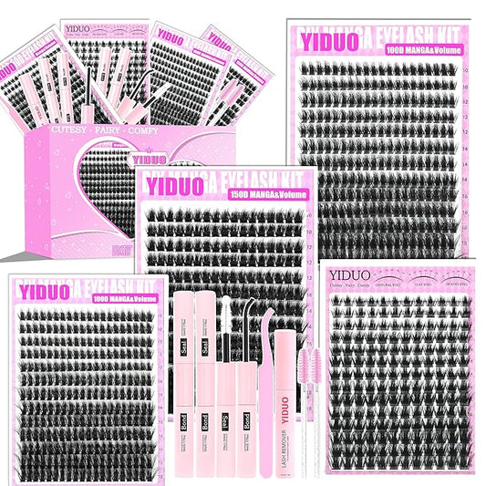 YIDUO Volume Lash Clusters Kit 4 Styles Spiky Manga Clusters Lashes Extensions Kit with 2X Bond and Seal 887Pcs D Curl Wis...